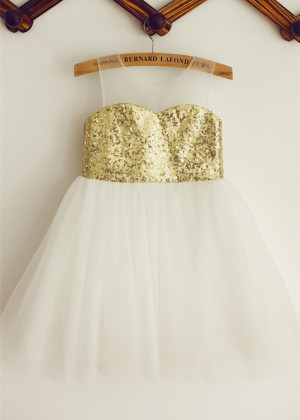 Gold Sequin Ivory Tulle Knee Length Flower Girl Dress